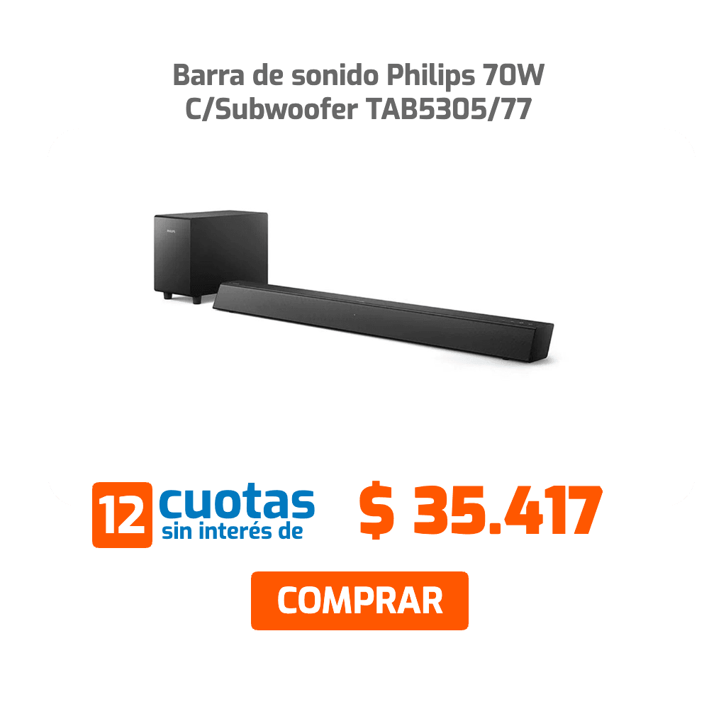 Barra de sonido Philips 70W C/Subwoofer TAB5305/7712 cuotas sin interés de $35.417COMPRAR